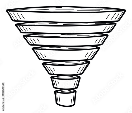 Hand drawn funnel diagram representing a filtering or narrowing process, useful for business presentations, educational materials, and process flowcharts.