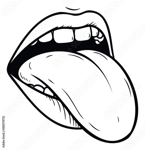 Black and white line drawing of a human mouth with the tongue sticking out in a bold and expressive gesture perfect for apparel printing, graphic statements, or quirky merchandise designs.