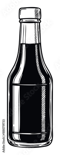 Black and white graphic rendering of a generic sauce bottle, perfect for food and beverage packaging concepts, restaurant menus, or kitchenthemed promotional materials.
