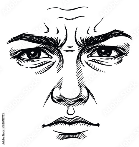 Detailed hand drawn monochrome sketch of a displeased or angry human face with furrowed brows and narrowed eyes, ideal for expressing strong negative emotions in graphic projects