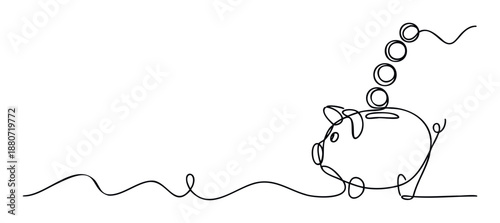 Continuous line drawing of a piggy bank receiving falling coins symbolizing financial savings and investment growth for banking, budgeting, or future planning concepts.