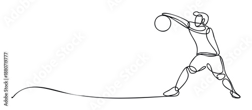 Dynamic continuous line drawing of a male basketball player in action, capturing the energetic moment of throwing a ball, ideal for sports marketing, graphic elements, or athletic event