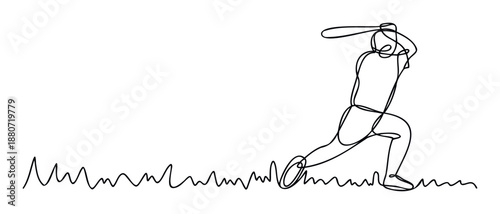 Dynamic continuous line drawing of an athlete in action swinging a baseball bat, ideal for sports event promotions, fitness branding, or athletic training content.
