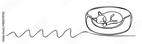Minimalist continuous line drawing depicting a peaceful sleeping cat nestled comfortably in its pet bed, ideal for pet care promotions, cozy home decor, or modern brand identities.