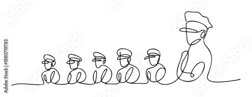 Continuous line drawing depicting a group of uniformed individuals in caps growing towards a prominent leader, ideal for illustrating team development, career progression, and