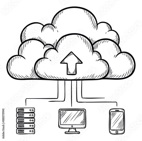 Handdrawn sketch illustrating cloud computing technology with data upload to a server farm, desktop computer, and smartphone for network infrastructure and remote access explanations