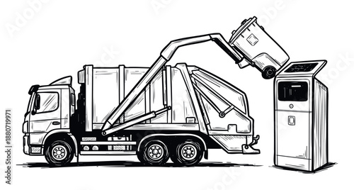 A garbage truck efficiently operates with its robotic arm to lift and empty a trash bin into a large public waste container, representing urban waste management and environmental