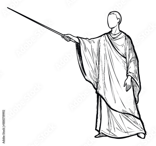 A figure in an ancient flowing robe holds a long pointer stick, gesturing purposefully to indicate direction or present information for educational and historical concepts.