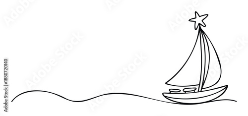 A simple black line drawing of a toy sailboat topped with a shining star, navigating gentle waves, suitable for creative projects, travel blogs, or nautical inspired branding.
