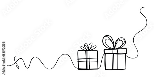 Continuous line drawing of two gift boxes with ribbons, perfect for holiday greetings, celebration invitations, or special event marketing materials