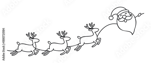 Whimsical line drawing of Santa Claus flying his sleigh pulled by three joyful reindeer, perfect for holiday greetings, childrens books, or seasonal event decorations and promotions.
