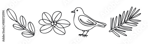 Charming collection of simple black outline drawings featuring a peaceful bird, blossoming flower, and botanical leaf sprigs, perfect for crafting serene naturethemed decor or educational