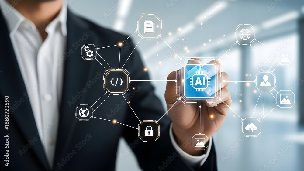 Obraz premium A businessman holding a smartphone displaying AI technology with networking elements in the background
