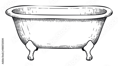 Classic antique clawfoot bathtub sketch drawing depicting vintage bathroom furniture for home decor, plumbing, or hygiene concepts.