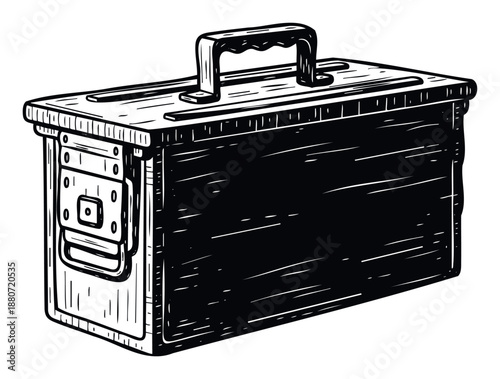 Rugged ammo box or military container drawing with a sturdy handle on top, perfect for veteran merchandise, outdoor gear branding, or adventure lifestyle graphics and emblems.
