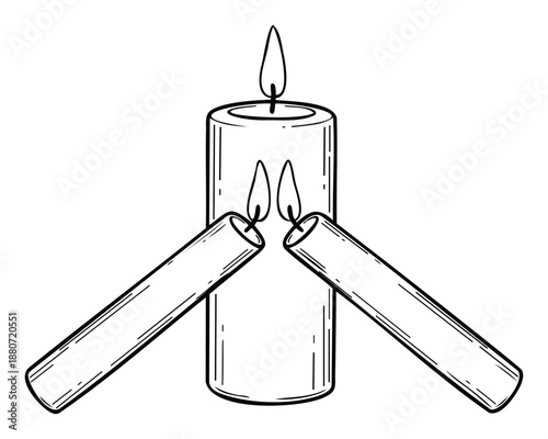 Simple black outline drawing of multiple burning candles, featuring a tall pillar candle and two smaller taper candles, perfect for minimalist spiritual themes or event invitations.