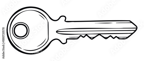 A simple black and white line drawing of a household key, useful as an icon or graphic element for various security, access, and solution related visual projects