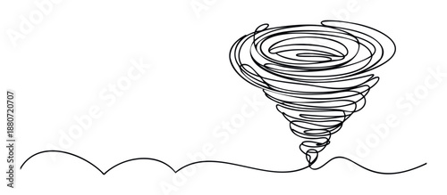 Continuous black line drawing depicting a powerful hurricane storm tornado vortex with swirling wind movement for weather related presentations or environmental awareness campaigns