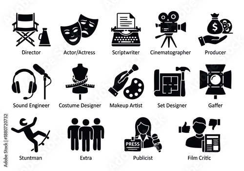 Collection of movie production career icons including director, actor, scriptwriter, and sound engineer for visual guides and entertainment industry resources