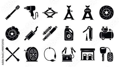 Collection of automotive service equipment and car repair tools black silhouette icons for garage workshop signage or vehicle maintenance guides