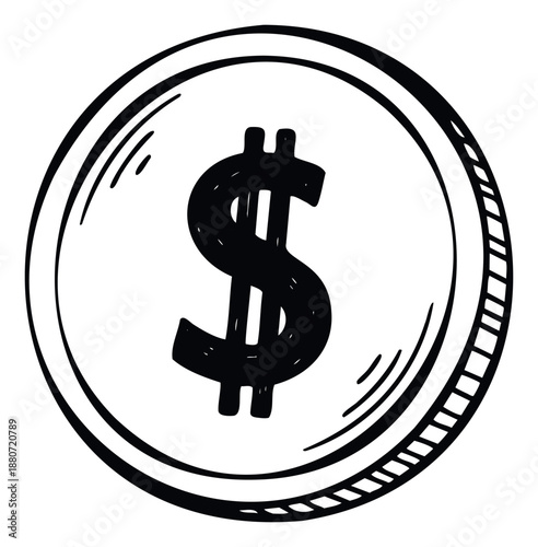Roughly sketched dollar coin in a striking black and white doodle style perfect for conveying financial concepts economic growth and transactional exchanges in digital or print media