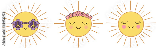 Cute smiling sun faces illustration set with sunglasses and flower crown, cheerful summer weather characters collection for kids designs and playful flat vector artwork