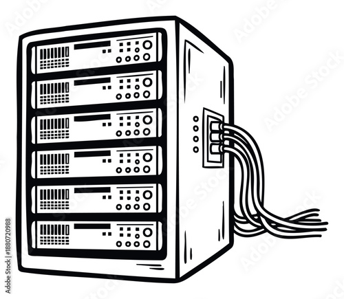 Technology server cabinet housing essential networking equipment with many cables for robust data center operations and information system solutions in modern digital environments