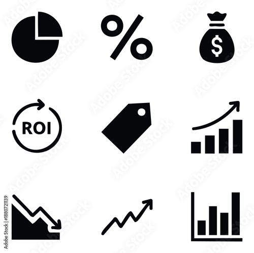 Collection of essential business and finance icons symbolizing statistical analysis financial growth investment returns pricing and data visualization for professional marketing materials