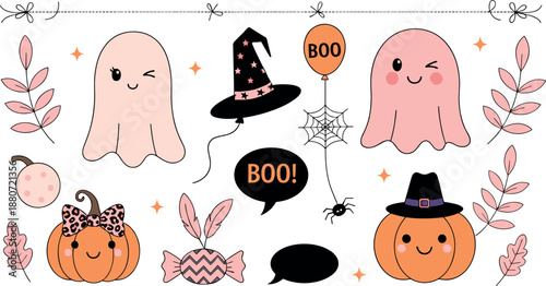 Cute Halloween illustration set with friendly ghosts pumpkins witch hats candy and boo elements, playful spooky collection for kids party decorations and seasonal flat vector designs
