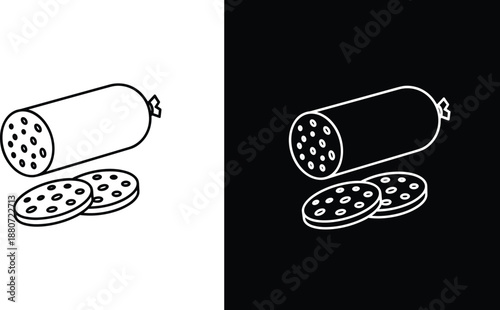 Black And White Vector Illustration Set Of Salami Sausage Featuring Sliced Deli Meat Portions In Line Art Style For Restaurant Menus And Culinary Design