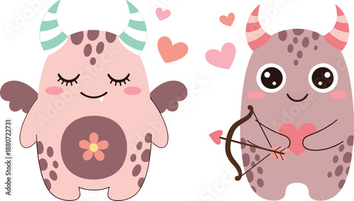 Cute love monster illustration with heart and cupid theme, adorable cartoon characters expressing affection, playful romantic design for kids, valentines, and kawaii flat vector art