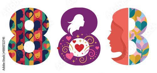 March 8 Women's Day Number Typography with Diverse Female Faces Hearts and Floral Patterns