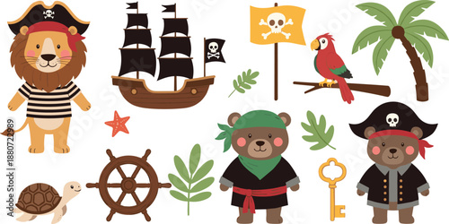Cute pirate animals illustration set with lion bear parrot ship and tropical elements, playful adventure collection for kids nursery decor and storytelling flat vector designs
