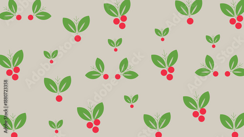 Own Created Bright Red Fruit and green leave Pattern on White Background