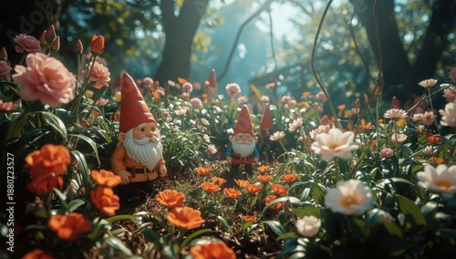 Garden Gnomes Stand Among Colorful Flowers in a Bright Setting During Dayligh...