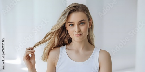 Portrait of a beautiful young woman with long blonde wavy hair playfully touching a strand while looking at the camera