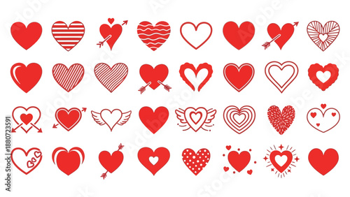 Heart Icon Vector Grid – Artistic Love Symbol Collection, Romantic Clipart with Peace, Music, Infinity, Wings, and Hand Gestures for Valentine’s Day Designs
