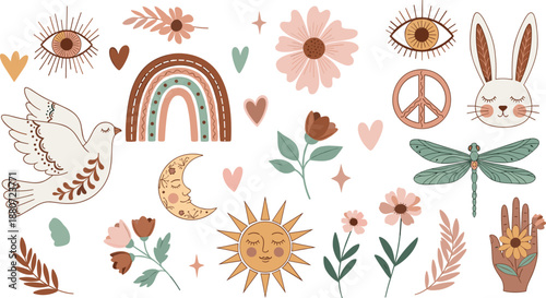 Boho spiritual illustration set with sun moon rainbow peace symbols flowers and mystical elements, earthy aesthetic collection for wellness, mindfulness, and decorative flat vector designs