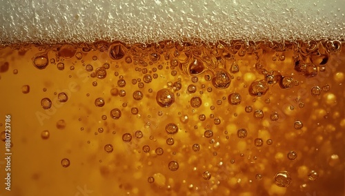 Bubbles Rise in Golden Beverage With Foam on Top in a Close-Up View