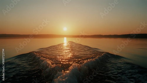 Sunset Over Water With Boat Wake Leading Towards Horizon at Serene Lakeside