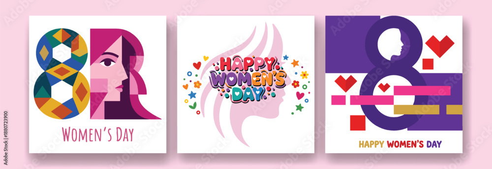 Fototapeta premium Women's Day colorful cards set with floral typography and feminist symbols, March 8 celebration cards and decorative elements, international women's day banners