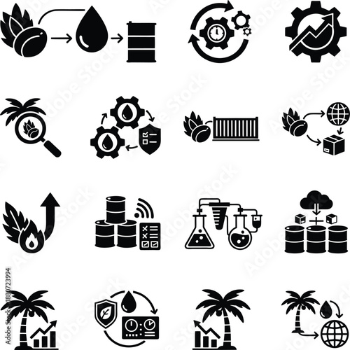 Palm Oil Processing and Industrial Operations Silhouette Vector Set Featuring Crude Oil Extraction Refinery Efficiency Bulk Logistics Biofuel Transformation and Global Export Flow Silhouette Vector
