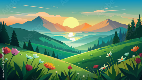 Serene mountain valley at sunset