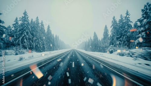 Snowy Road Stretches Into the Distance Through a Winter Forest Scene With Tre...
