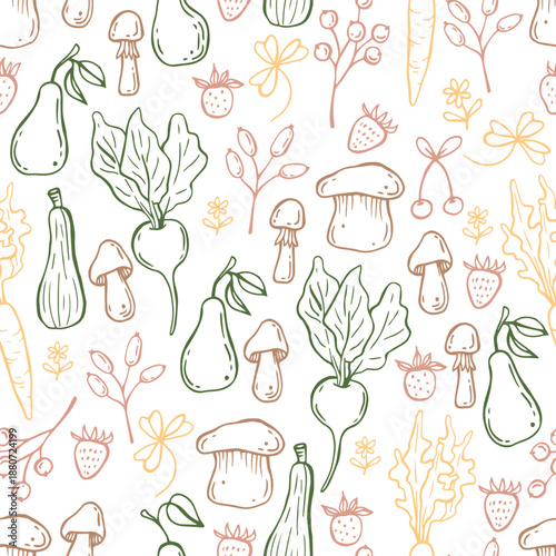 Wallpaper Mural Whimsical trendy cottagecore vegetables seamless pattern. Coquette hand drawn doodles. Gardening print for fabric, wallpaper and wrapping paper Torontodigital.ca