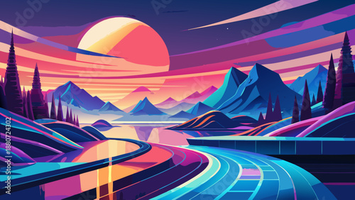 Vibrant sunset over mountainous landscape