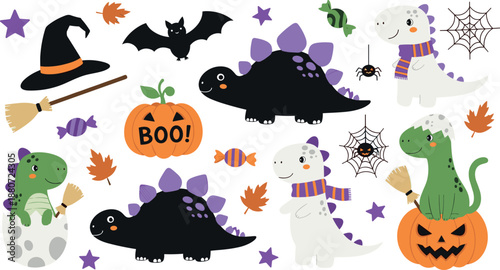Cute Halloween dinosaur illustration set with pumpkins bats spiders and festive costumes