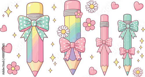 Cute pastel pencils illustration set with bows hearts and flowers, kawaii stationery collection for kids school supplies, creative projects, and girly decorative designs flat vector style
