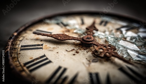 Close-up of antique pocket watch with broken glass and rusty hands