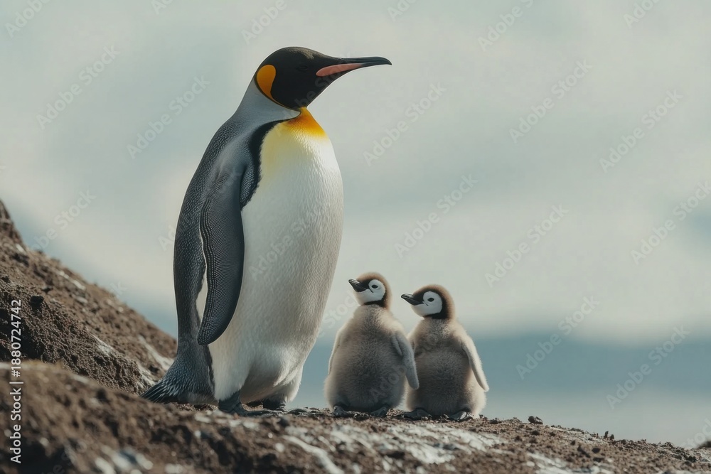 Obraz premium Emperor penguin family antarctic habitat wildlife photography icy environment close-up view maternal bonding